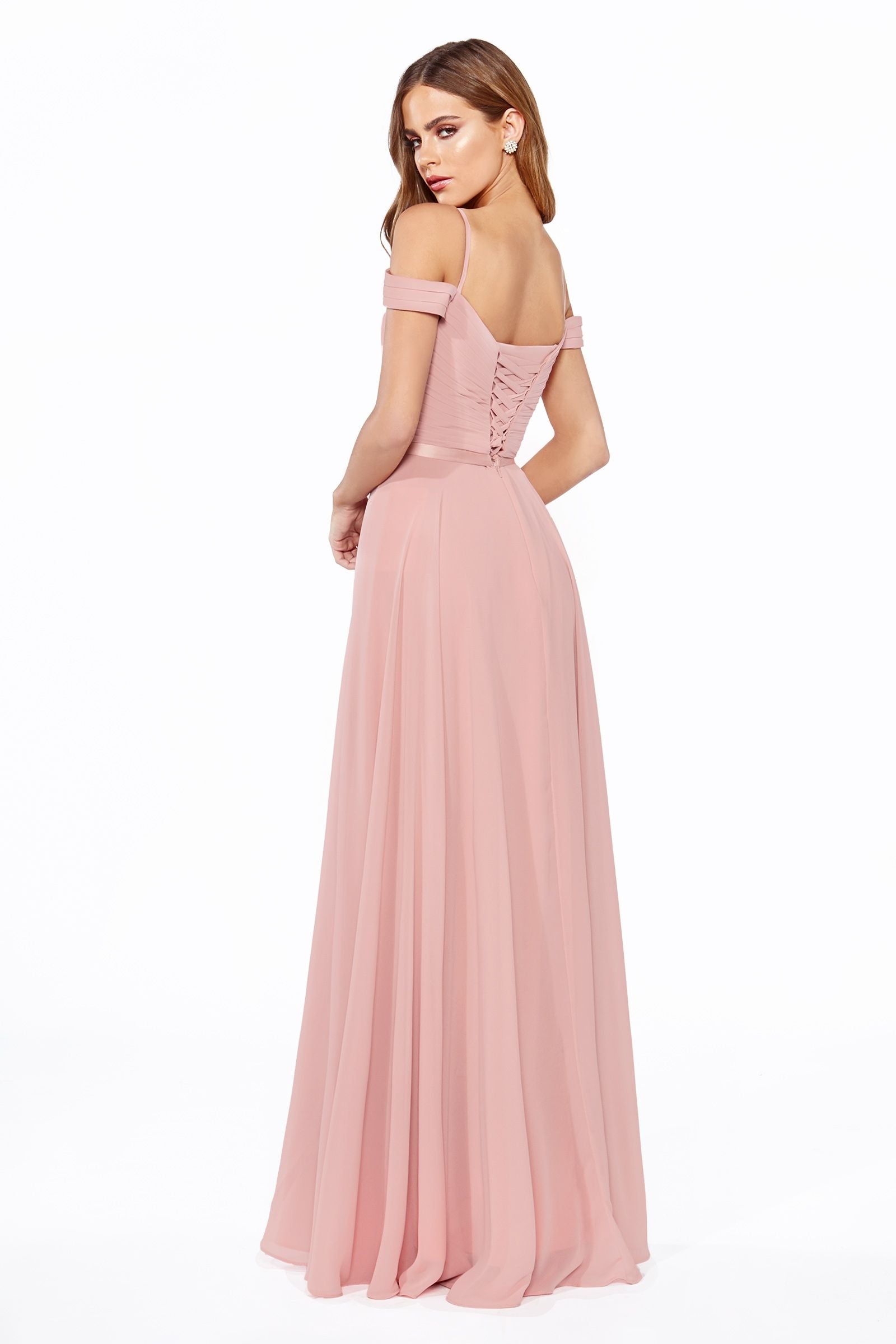 A-Line Chiffon Off Shoulder Corset Back Long Bridesmaid Dress CDCD0156-0